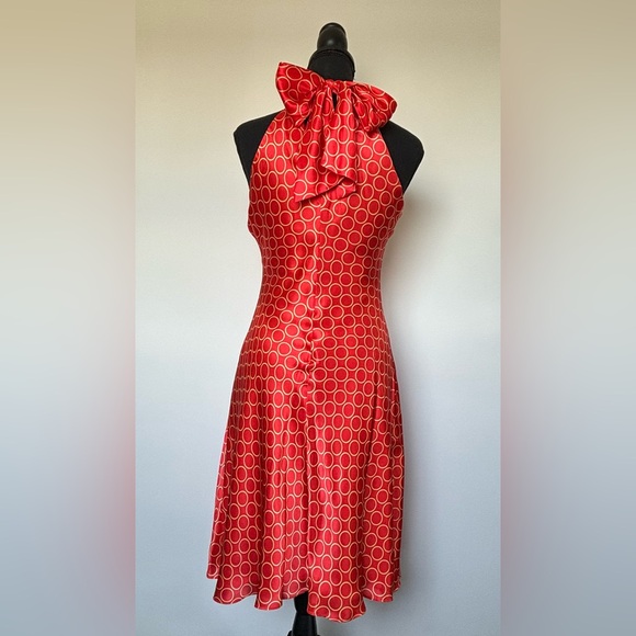 New Women’s Donna Ricco Silk Tie Neck Dress in Orange With Gold Circles Size 6P - Picture 10 of 16